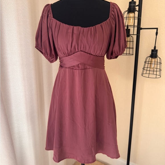 Altar'd State Mauve Puff Sleeve Mini Dress Size Medium Fit & Flare - Picture 1 of 7